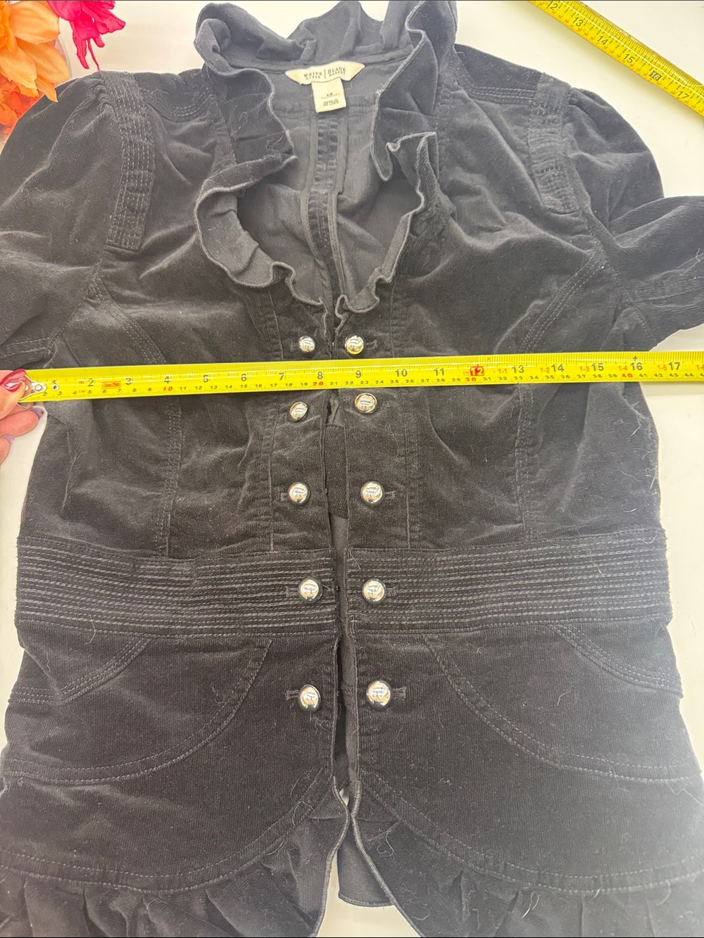 White House Black Market Stylish black Military Ruffle Front Jacket Size 12 - Picture 8 of 9